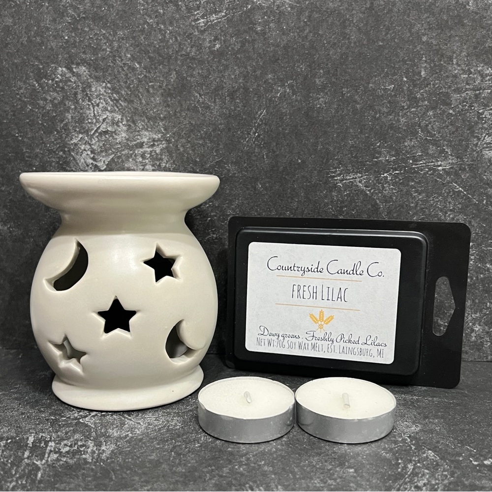 Crescent Moon & Stars Ceramic Essential Oil Burner & Candle Wax Melt Warmer Set